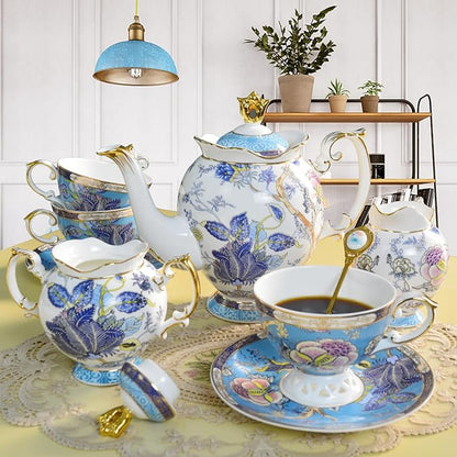 ACMLIFE Bone China Tea Cups, Tea Cup and Saucer Set for 1 Blue and White China Tea Cup 6.7oz Floral Vintage China Coffee Set for Women Party Gift Giving with Gold Trim and Gift Box