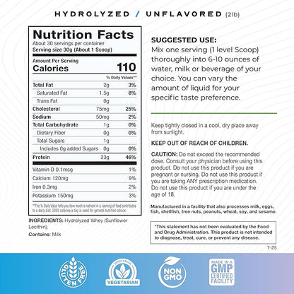 Muscle Feast Hydrolyzed Whey Protein Powder, Grass Fed and All Natural Hormone-Free, Hydro Whey Powder for Men and Women, Gluten Free, Non-GMO, Delicious Hydrolyzed Protein Powder, Unflavored, 2lb