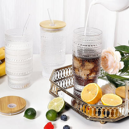 16 Oz Glass Cups with Lids and Straws, Vintage Embossed Glassware for Whiskey Cocktail Beer, Iced Coffee Cup with Lid, Glass Tumbler (4 PACK)