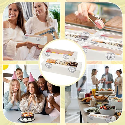 Sherr 50 Pcs White Macaron Boxes with Window, Cookies Boxes with 200 Pcs Stickers Long Bakery & Dessert Gifts Containers for Donuts, Pastry, Chocolate Covered Strawberry