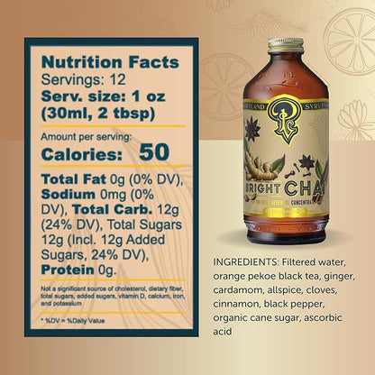 Portland Syrups Bright Chai Syrup - Coffee, Cocktails, Mocktails & Sodas - Premium Concentrate - Orange Pekoe, Ginger, Cinnamon, Cloves & Cardamom - Organic Cane Sugar - 12 oz, 12 Servings (Pack of 1)