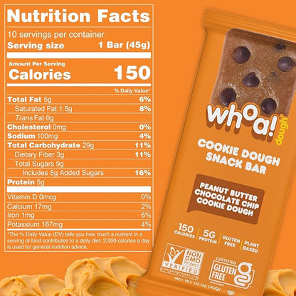 Whoa Dough Edible Cookie Dough Bars- Certified Non-GMO, Kosher and Gluten Free Bars - Healthy Snack Foods - Plant Based Snacks - Peanut Butter Chocolate Chip Cookie Dough - 4 Pack
