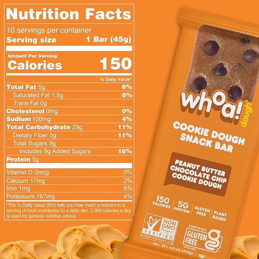 Whoa Dough Edible Cookie Dough Bars- Certified Non-GMO, Kosher and Gluten Free Bars - Healthy Snack Foods - Plant Based Snacks - Peanut Butter Chocolate Chip Cookie Dough - 4 Pack