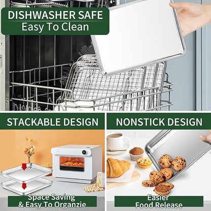 CEKEE Baking Sheet and Cooling Rack Set, 4PCS Stainless Steel Cookie Sheets for Baking with Baking Rack, Non Toxic & Heavy Duty & Easy Clean Baking Pan Tray for Toaster Oven, Size 18 x 12 x 1 Inch