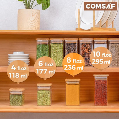ComSaf 12Pcs Glass Spice Jars with Bamboo Lid, 8oz Airtight Square Containers with 275 Black Lables, Empty Seasoning Jars for Spice Salt Sugar