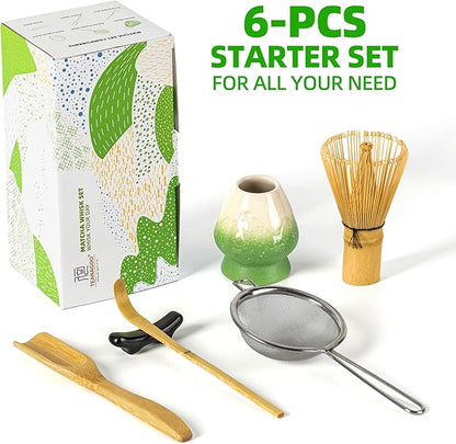 TEANAGOO Matcha Whisk Set,Matcha Whisk(100 prongs) with Green Holder,6-PCS Traditional Starter Set,Scoop(Chashaku),Tea Spoon,Bamboo Chasen for Making Latte,Ceremony Accessory,Gife for Friend/Family