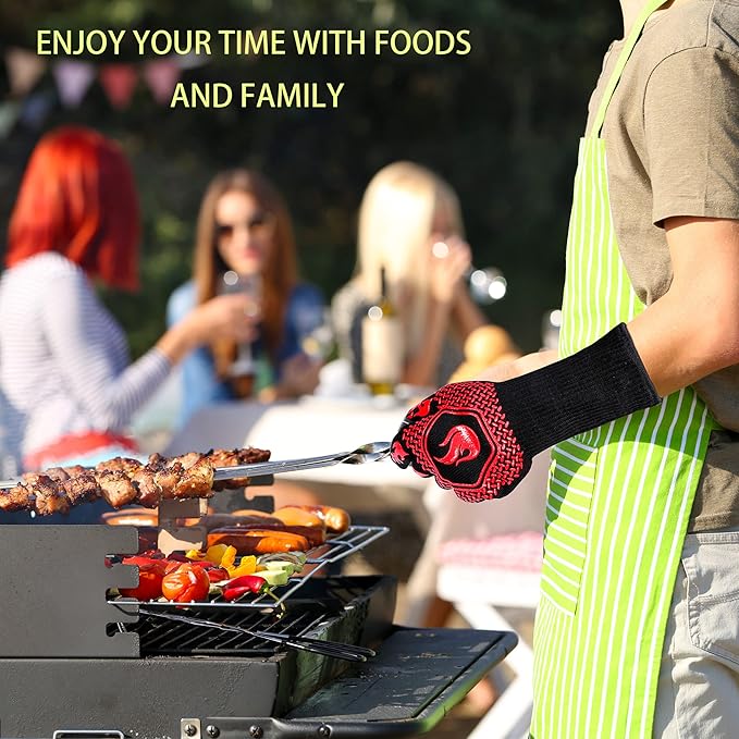 BBQ Fireproof Gloves, Grill Cut-Resistant Gloves 1472°F Heat Resistant Gloves, Non-Slip Silicone Oven Gloves, Kitchen Safe Cooking Gloves for Oven Mitts,Barbecue,Cooking, Frying,13.5 Inch-Red