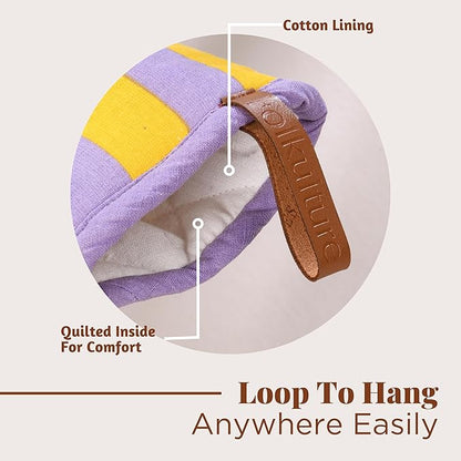 Folkulture Mini Oven Mitts Heat Resistant | (5.75x9) Set of 2 Purple Short Oven Mitts with Hanging Loop | 100% Cotton Oven Gloves or Kitchen Mittens | Small Oven Mitt Set or Yellow Silicone Oven Mit