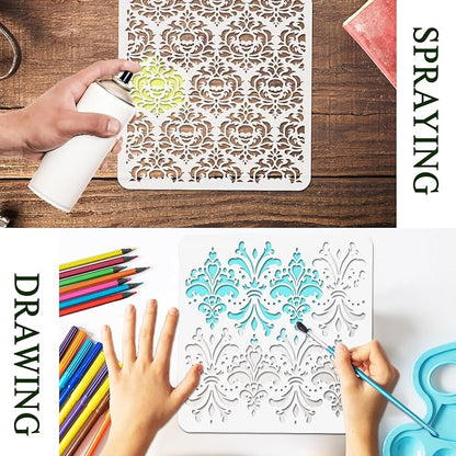 12PCS Large Mandala Stencils 12 x 12 Inch Damask Stencils for Walls Large Texture Drawing Templates with Brushes Mandala Templates for Painting on Wood Furniture Canvas Paper Fabric