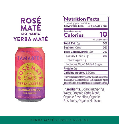 Sparkling Rose Yerba Mate by Tama Tea - Unsweetened Natural Energy Drink with Real Fruit & Herbs - Healthy Caffeine Drink Alternative - 120mg of Brain-Boosting Caffeine, 10 Calories - 12oz Pack of 12