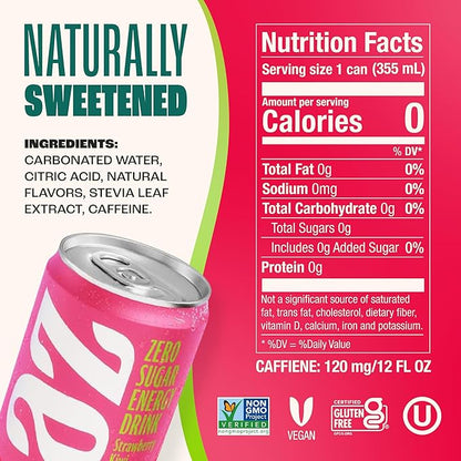 Zevia Zero Sugar Energy Drink, Strawberry Kiwi, 12 oz Cans (12-Pack) – Naturally Sweetened, Zero Calorie Sugar Free Energy - Non-GMO Project Verified, Gluten-Free, Vegan