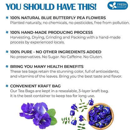 FRESHDRINKUS Premium 55 Butterfly Pea Flowers Tea Bags,100% Pure, Organic, Non GMO, Made With Organic Bags, Sugar/ Caffeine/ Gluten Free, Wildcrafted, Vegan, Handmade Product