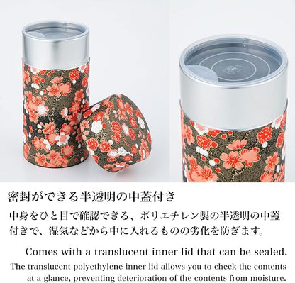 NOREN Japanese Tea Canister Tin (Yuzen Washi Paper - Plum/Black), 7.06oz Size/Made in JAPAN with Includes Inner Lid of Airtight Damp-Proof/Kitchen Jar for Loose Leaf Coffee Tea Spice and More
