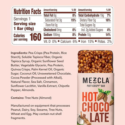 Mezcla Puff Crispy Protein Bars, Gluten Free & Vegan Protein Bars, 10g Protein, Alt for Crispy Rice Treat, Granola Bars & Breakfast Bars, Healthy Snacks for Adults, Hot Chocolate, 12 Pack