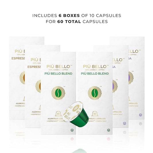 Piu Bello Espresso Coffee Pods for Nespresso Original Machines – Variety Pack – 3 Light Flavors: Chocolate, Nuts, Sweet Caramel – Rich & Balanced Taste, Kosher (3-Flavor Multipack, 60 Count)