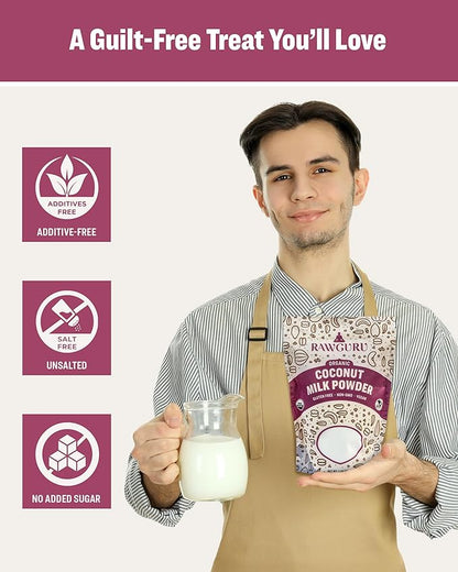 RawGuru Organic Coconut Milk Powder - Vegan & Nutrient-Dense Powder with Iron & Potassium - Rich & Creamy Organic Milk for Drinking or Baking - 48 oz, Pack of 1