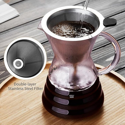 Unbreakable - Pour Over Coffee Maker with Permanent Stainless Filter 32 fl oz, Thickened Heat-Resistant Borosilicate Glass Dripper Coffee Brewer, Stovetop Safe, Pink