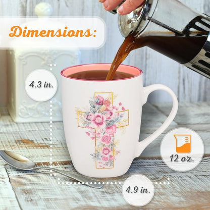 Christian Art Gifts Encouraging Ceramic Coffee & Tea Mug for Women: Rosy Pink Floral Cross, Microwave & Dishwasher Safe Cup, Cute Lead-free Inspirational Encouraging Novelty Drinkware, White, 12 oz.