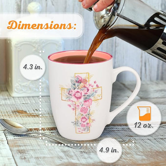 Christian Art Gifts Encouraging Ceramic Coffee & Tea Mug for Women: Rosy Pink Floral Cross, Microwave & Dishwasher Safe Cup, Cute Lead-free Inspirational Encouraging Novelty Drinkware, White, 12 oz.