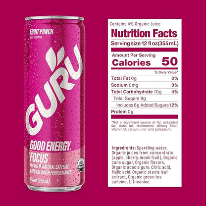 GURU PUNCH Organic Energy Drinks Variety Pack, Clean Energy Drink with Plant Based Natural Caffeine from Green Tea + Focus w/L-Theanine, Gluten Free, 140mg Caffeine, Healthy Drinks, 12oz (Pack of 12)