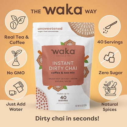 Waka Dirty Chai - Instant Coffee and Tea Powder Mix, Sugar Free, Pure Leaves from India With Arabica Coffee and Natural Spices, Unsweetened (4.5oz Pouch, 40 Servings)