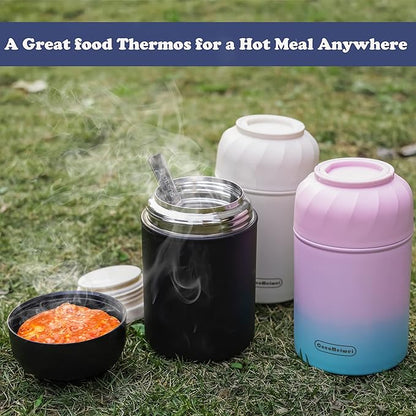 Soup Thermo for Hot Food & Drinks, Thermo Lunch Box for Kids, 17oz Vacuum Insulated Food Container with Spoon&&Drawstring Bag, Soup Therm for Adults,Black&White