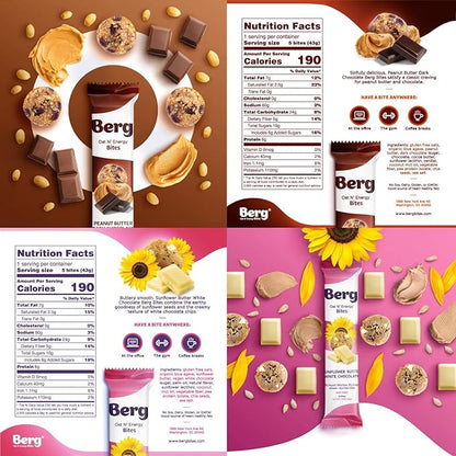 Berg Energy Bites Variety Pack – Plant-Based Protein Snack with 16g Protein & 1g Sugar – Vegan, Gluten-Free, Low Sugar, High Fiber, Non-GMO, Prebiotic Superfood Bites – 1.5oz (8 Pack)