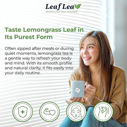 LeafLea 80 Premium Lemongrass Tea Bags, Natural Herbal Lemongrass Leaves, Te de Limoncillo for Digestion Support, Light & Soothing Taste, Caffeine-Free, Sugar-Free, Vegan, Individually Wrapped