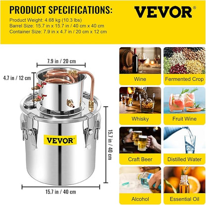 VEVOR Alcohol Still 13.2Gal/50L Alcohol Distiller Stainless Steel Distillery Kit for Alcohol With Copper Tube & Pump Home Brewing Kit Build-in Thermometer for DIY Whisky Wine Brandy