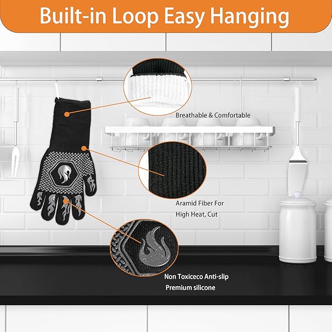 BBQ Fireproof Gloves, Grill Cut-Resistant Gloves 1472°F Heat Resistant Gloves, Non-Slip Silicone Oven Gloves, Kitchen Safe Cooking Gloves for Oven Mitts,Barbecue,Cooking, Frying,13.5 Inch-Grey