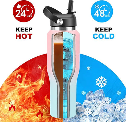HYDROWION Vacuum Insulated Water Bottle, 40 oz Water Bottle fits in Car Cup Holder (Cold 48 hrs, Hot 24 hrs),Insulated Drinking Bottle with Straw Lid, Spout Lid and Flex Cap, Leakproof Travel Thermos