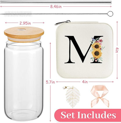 AYGXU teen girl gifts trendy stuff,Jewelry Box Organizer,Travel Initial Jewelry Box for Girls,16oz glass cups with bamboo lids,aesthetic glass cup,Travel Essentials,Initial M white