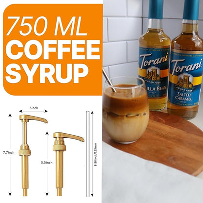 2 Syrup Pump Dispenser Bundle with Torani Coffee Syrup, Vanilla & Caramel Flavors, 25.4 oz Bottles