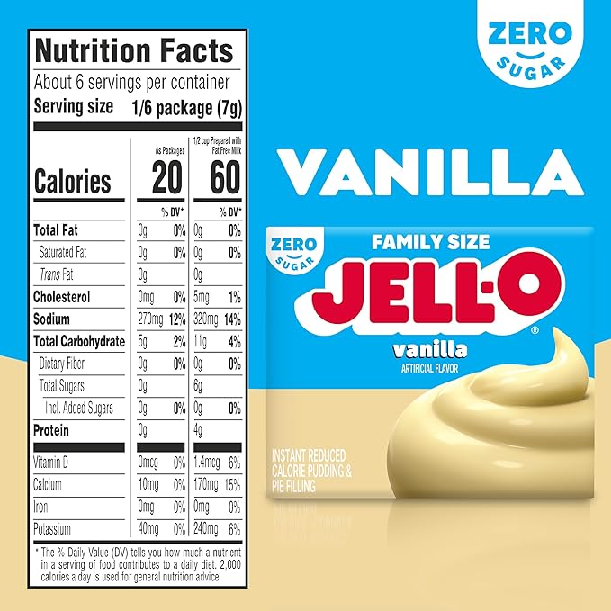 Jell-O Vanilla Sugar Free & Fat Free Instant Pudding & Pie Filling Mix, 24 ct Pack - 1.5 oz Boxes, As Seen on TikTok