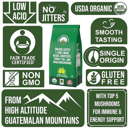 Organic Low Acid Mushroom Coffee with Lion's Mane, Reishi, Cordyceps, Turkey Tail, and Chaga Mushrooms. Premium High Altitude Medium Roast Ground Bags. Great Tasting (Unlike Cheap Instant Coffee)