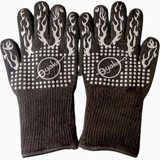 Insulated BBQ Heat Resistant Gloves - Neoprene & Polyester Barbecue Grilling Gloves with Silicone Pads for Gas Grill & Charcoal Grills Outdoor Cooking - 1400°F High Heat Fire BBQ Mittens by O-Yaki