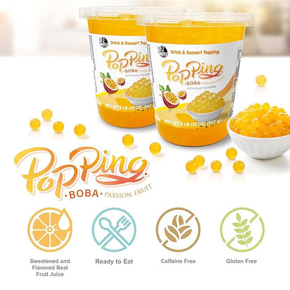 J WAY Bursting Popping Passion Fruit Boba Pearls, Passion Fruit Syrup, Non-Dairy, Fat-Free Popping Tapioca Boba for Beverages, Sweets, Ice Cream (2LB, 1 Pack)