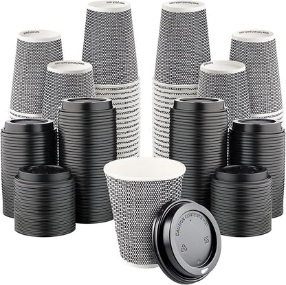 [400 SET]Harvest Pack 12 oz Disposable Coffee Cups, Insulated Ripple Double-Walled Paper Cup with Lid, Black and White Geometric, Tea Hot Chocolate Drinks To go coffee cups