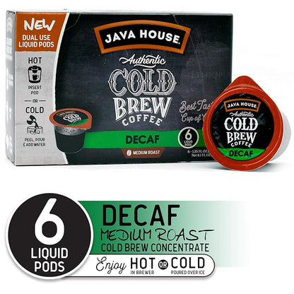 Java House Single-Serve Cold Brew Coffee Pods – Premium 100% Arabica Liquid Concentrate – Smooth & Bold Decaf Roast – 6 Pods – Ready Hot or Iced, Travel-Friendly, TSA Approved
