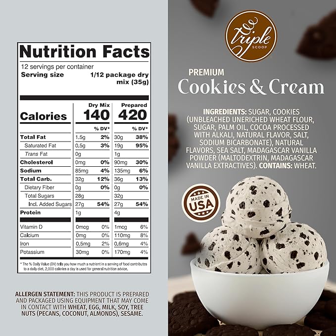 Triple Scoop - Premium Cookies & Cream Ice Cream Mix For Ice Cream Maker. Simple, Easy, Delicious. From Gourmet Mix To Maker in 5 Minutes, Makes 2 Creamy Qrts, Made in USA (1 Pack, Cookies & Cream)