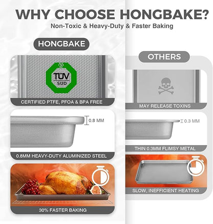 HONGBAKE Naturally Non Toxic Baking Sheet Pan Set of 3, Heavy Duty Aluminized Steel Cookie Sheets, Half/Quarter/Jelly Roll Pans with Textured Nonstick Surface, Free of PTFE & PFOA