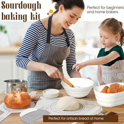 Sourdough Starter Kit with Jar – Complete Sourdough Bread Baking Supplies for Beginners, Includes 2 Silicone Proofing Baskets Baking Mat Sour Dough Kit - White