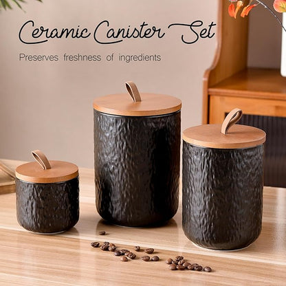 JOJUNO Black Ceramic Canister Set with Wooden Lid, 3-Piece Airtight Food Storage Jars for Kitchen Counter - Flour, Sugar, Coffee, Tea, Spice - Small, Medium, Large Sizes - Stone Texture
