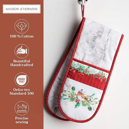 Maison d' Hermine Double Oven Mitts 100% Cotton 7"x35" Double Oven Mitt Heat Resistant BBQ Cooking Gloves with Loop, Baking, Grilling, Home, Kitchen, Handling Hot Pans (Christmas Tradition)
