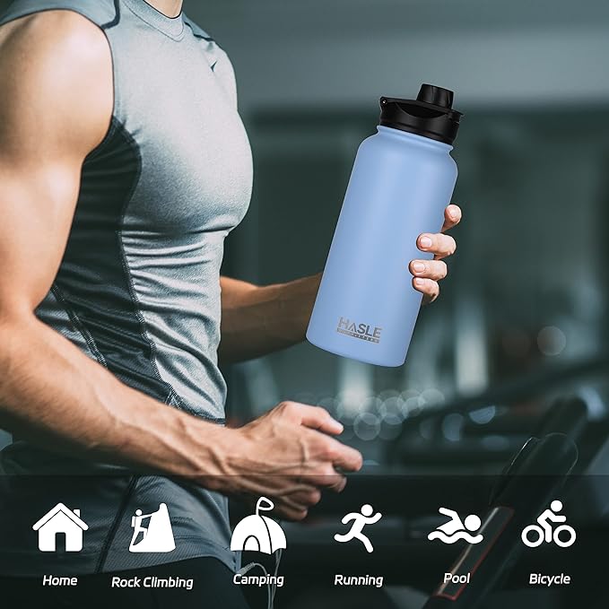 HASLE OUTFITTERS 32 oz Insulated Water Bottle Stainless Steel Double Walled Vacuum Sports Water Bottle with 2 Lids (Straw and Spout Lid) for Gym Camping Hiking（Blue,1)