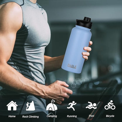 HASLE OUTFITTERS 32 oz Insulated Water Bottle Stainless Steel Double Walled Vacuum Sports Water Bottle with 2 Lids (Straw and Spout Lid) for Gym Camping Hiking（Blue,1)