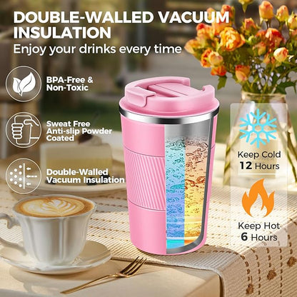Volhoply 13 oz Stainless Steel Insulated Travel Coffee Mug with Fip Lid Bulk 8 Pack,Reusable Double Wall Vacuum Metal Coffee Cup,Portable Leak Proof Thermal Tumbler for Hot & Cold Drinks(Pink,8)