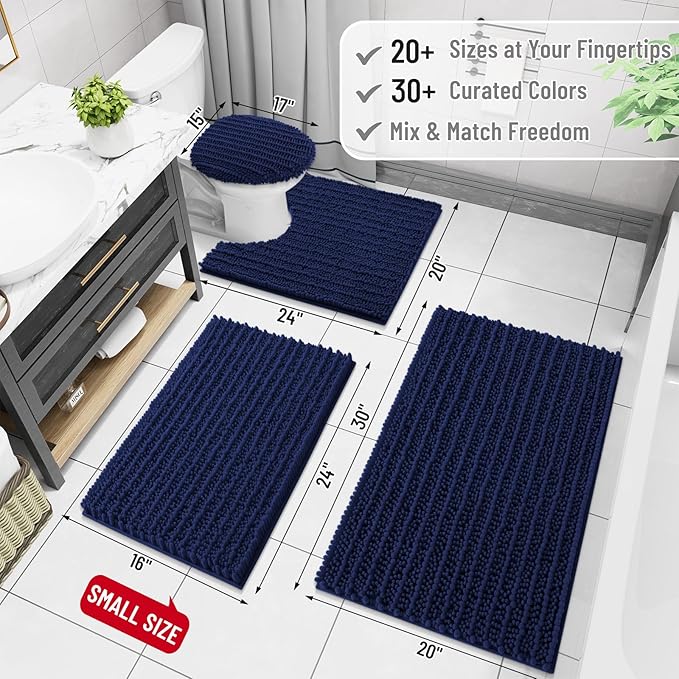 Arotive Luxury Chenille Bathroom Rug Mat, Extra Soft Thick Absorbent Shaggy Bath Rugs, Non-Slip Machine Wash Dry, Plush Bath Mats for Bathroom, Shower and Tub, 60x20, Navy