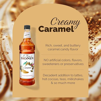 Monin - Caramel Syrup, Rich and Buttery, Great for Desserts, Coffee, and Cocktails, Gluten-Free, Non-GMO (1 Liter)