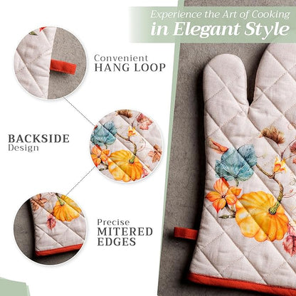 Maison d' Hermine 100% Cotton Oven Mitt & Pot Holder Set (7.5"x13" & 8"x8") Heat Resistant BBQ Cooking Gloves with Loop, Baking, Grilling, Kitchen, Handling Hot Pans (Potiron)